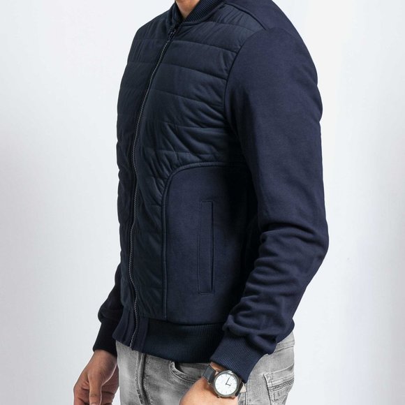OLGYN Men’s Knitted Navy Blue Bomber Jacket - Picture 3 of 4